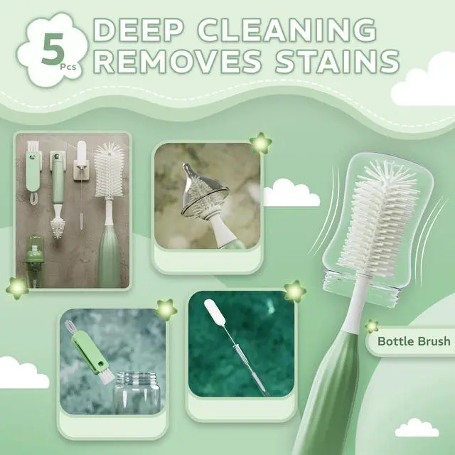 Alt view image 4 of 7 - Bottle Cleaning Kit, 5-in-1 Push-Press Bottle Brush Set with Silicone Brushes