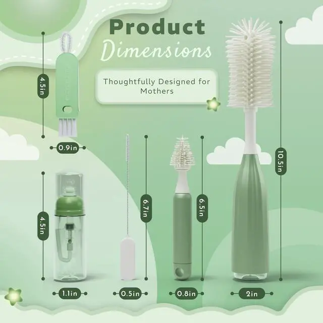 Alt view image 3 of 7 - Bottle Cleaning Kit, 5-in-1 Push-Press Bottle Brush Set with Silicone Brushes