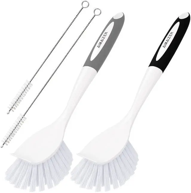 Main image of 4 Pack Dish Brush with Handle, Kitchen Scrub Brushes for Cleaning, Straw Cleaner Brushes for Water Bottle, Dish Scrubber with Stiff Bristles for Sink