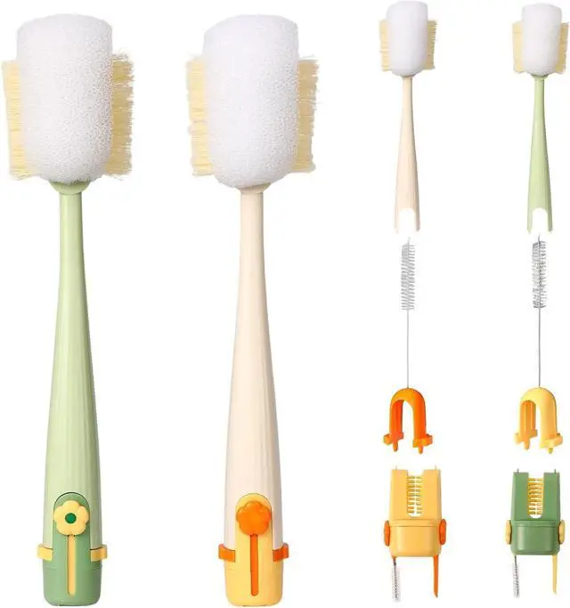 Main image of 5-in-1 Bottle Cleaning Brush Set, Multifunctional Kitchen Lid Scrubber with Long Handle, Portable Brush Tools for Cups, Hard Bristle Sponge Head(2 Pack)