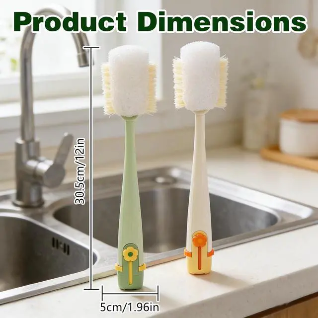 Alt view image 2 of 7 - 5-in-1 Bottle Cleaning Brush Set, Multifunctional Kitchen Lid Scrubber with Long Handle, Portable Brush Tools for Cups, Hard Bristle Sponge Head(2 Pack)