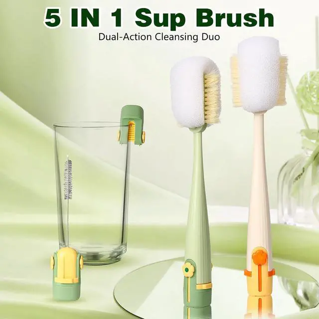 Alt view image 3 of 7 - 5-in-1 Bottle Cleaning Brush Set, Multifunctional Kitchen Lid Scrubber with Long Handle, Portable Brush Tools for Cups, Hard Bristle Sponge Head(2 Pack)