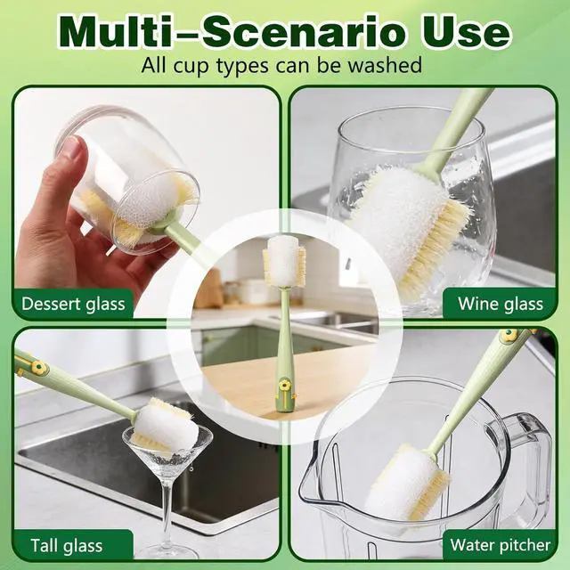 Alt view image 4 of 7 - 5-in-1 Bottle Cleaning Brush Set, Multifunctional Kitchen Lid Scrubber with Long Handle, Portable Brush Tools for Cups, Hard Bristle Sponge Head(2 Pack)