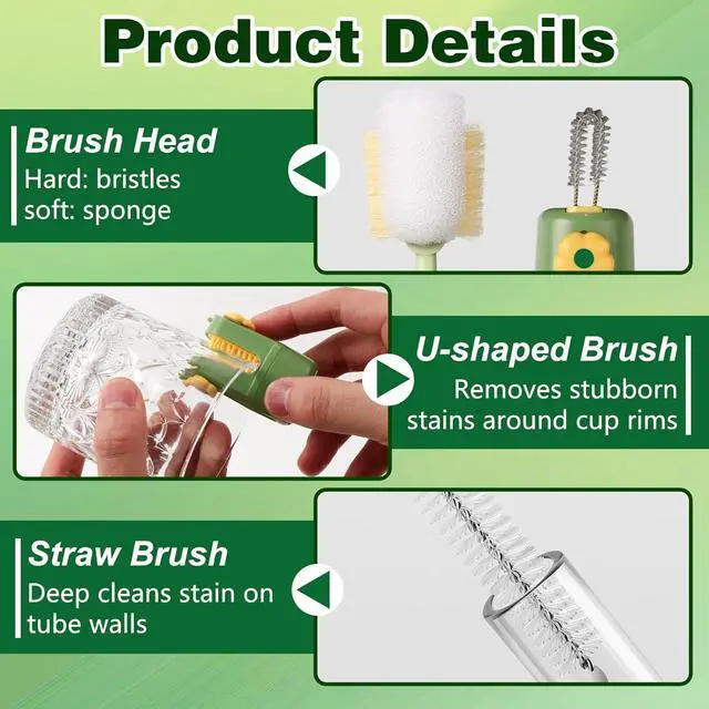 Alt view image 6 of 7 - 5-in-1 Bottle Cleaning Brush Set, Multifunctional Kitchen Lid Scrubber with Long Handle, Portable Brush Tools for Cups, Hard Bristle Sponge Head(2 Pack)