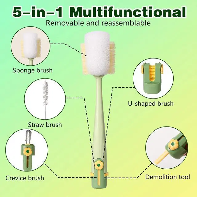 Alt view image 7 of 7 - 5-in-1 Bottle Cleaning Brush Set, Multifunctional Kitchen Lid Scrubber with Long Handle, Portable Brush Tools for Cups, Hard Bristle Sponge Head(2 Pack)