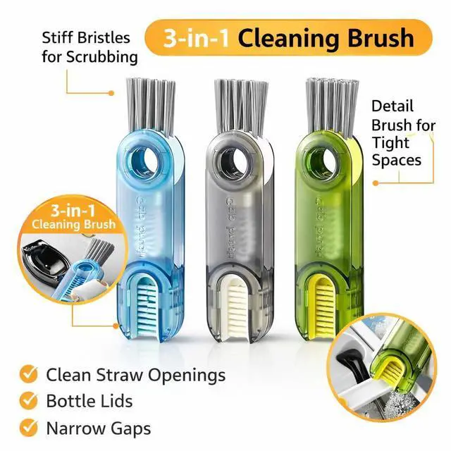 Alt view image 2 of 7 - KMay Lid Cleaning Brush Set, 3-Pack 3-in-1 Bottle Lid Cleaner with Straw Cleaning Brush, Lid Scrubber for Water Bottles, Tumblers & Hard-to-Reach Areas