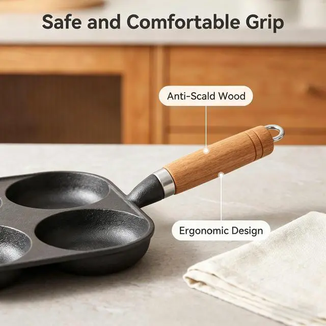 Alt view image 6 of 7 - 4 Cup Cast Iron Egg Pan for Mini Pancake Breakfast Omelette