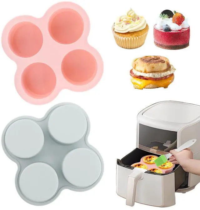 Main image of Reusable Silicone Air Fryer Egg Mold, 2 Pcs 4 Cavity Non-Stick Air Fryer Baking Pan with Oil Brush, Silicone Muffin Pans Muffin Cups for Baking, Hamburger Bun Pan(pink,blue)