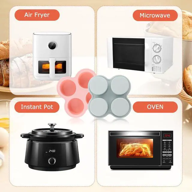 Alt view image 6 of 7 - Reusable Silicone Air Fryer Egg Mold, 2 Pcs 4 Cavity Non-Stick Air Fryer Baking Pan with Oil Brush, Silicone Muffin Pans Muffin Cups for Baking, Hamburger Bun Pan(pink,blue)