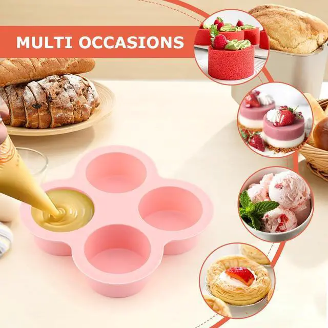 Alt view image 4 of 7 - Reusable Silicone Air Fryer Egg Mold, 2 Pcs 4 Cavity Non-Stick Air Fryer Baking Pan with Oil Brush, Silicone Muffin Pans Muffin Cups for Baking, Hamburger Bun Pan(pink,blue)