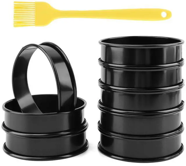 Main image of 8 Pcs Muffin Rings,with Oil Brush 4 Inch Nonstick English Muffin Rings Round Egg Ring Stainless Steel Baking Ring for Muffins Pancakes and Crumpets(COLOR:Black)