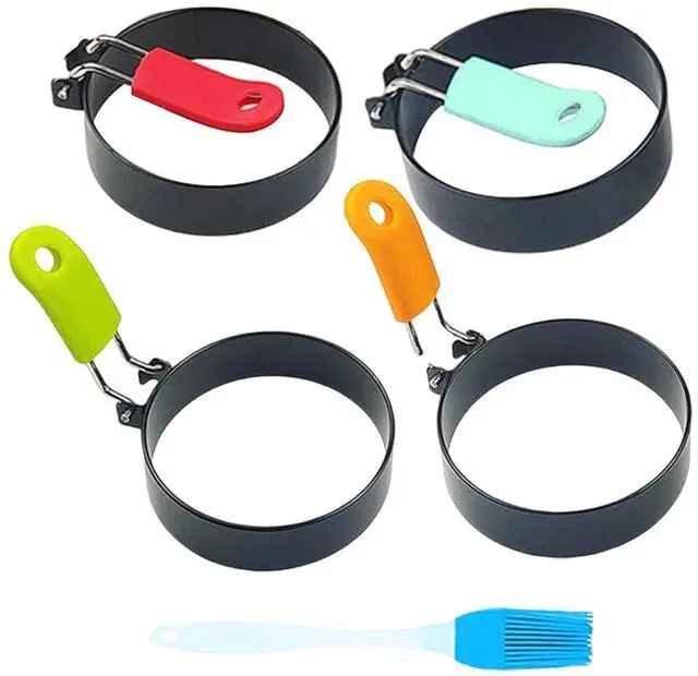 Main image of 4 Pack Egg Rings,Stainless Steel Frying Ring Tool Non Stick Egg Frying Rings with Folding Handles and Oil Brush for Cooking Breakfast Sandwich Burger(COLOR:black)