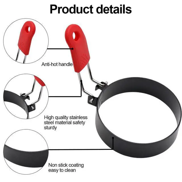 Alt view image 3 of 7 - 4 Pack Egg Rings,Stainless Steel Frying Ring Tool Non Stick Egg Frying Rings with Folding Handles and Oil Brush for Cooking Breakfast Sandwich Burger(COLOR:black)