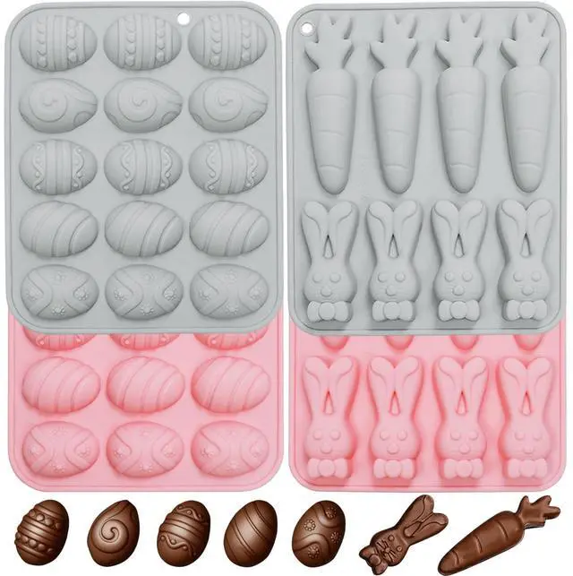 Main image of Easter Silicone Molds for Chocolate, 4Pack Easter Candy Molds 3D Egg Bunny Carrot shapes Non Stick Moulds for DIY Chocolate, Fondant, Jelly, Ice Cube, Cake Decoration (Pink & Grey)
