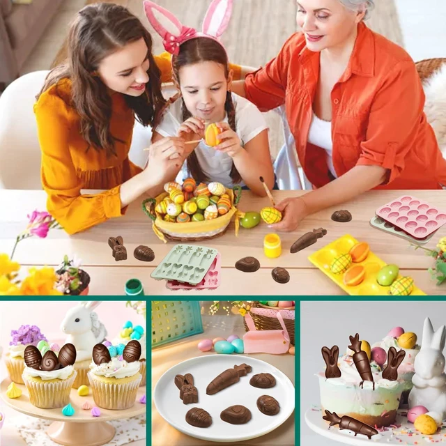 Alt view image 7 of 7 - Easter Silicone Molds for Chocolate, 4Pack Easter Candy Molds 3D Egg Bunny Carrot shapes Non Stick Moulds for DIY Chocolate, Fondant, Jelly, Ice Cube, Cake Decoration (Pink & Grey)