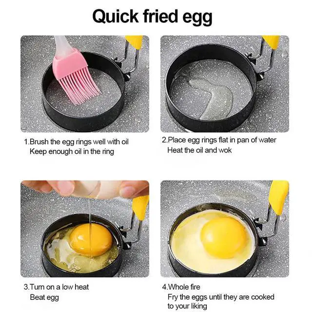 Alt view image 6 of 7 - 4 Pack Egg Rings,Stainless Steel Frying Ring Tool Non Stick Egg Frying Rings with Folding Handles and Oil Brush for Cooking Breakfast Sandwich Burger(COLOR:black)