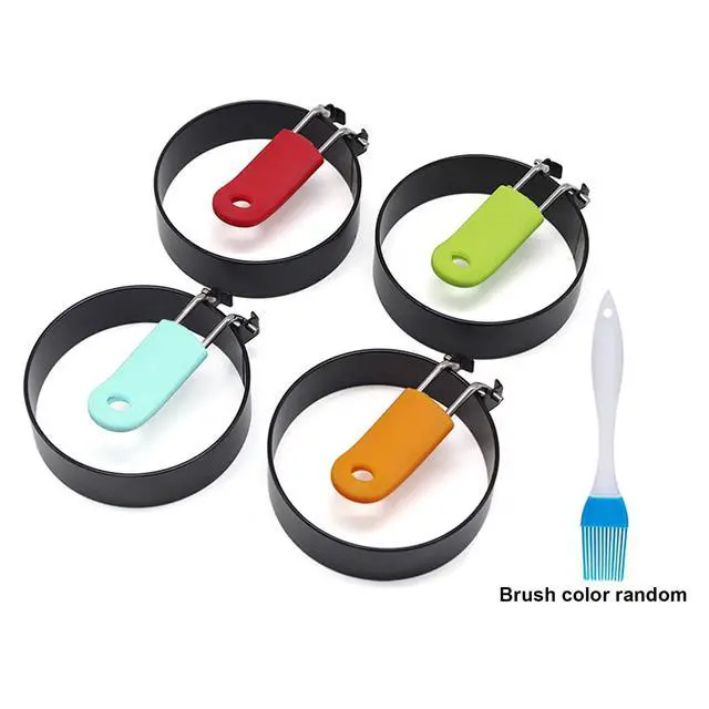Alt view image 7 of 7 - 4 Pack Egg Rings,Stainless Steel Frying Ring Tool Non Stick Egg Frying Rings with Folding Handles and Oil Brush for Cooking Breakfast Sandwich Burger(COLOR:black)