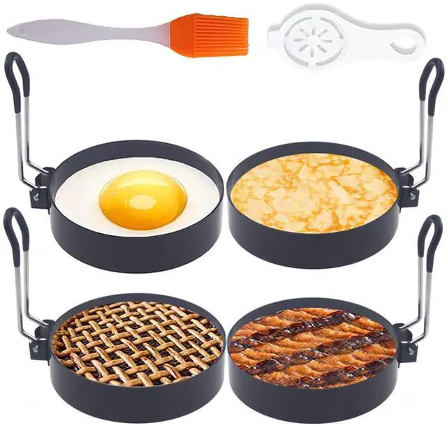 Main image of Upgrade 4'' Large Egg Rings Set, 4 Packs Stainless Steel Round Egg Maker Mold, Anti-scalding Grill, 1X Oil Brush & 1X Egg Separator White