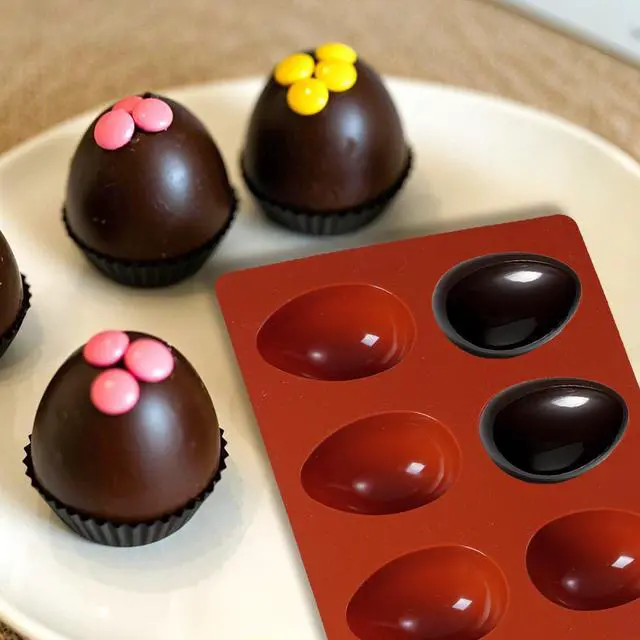 Alt view image 4 of 7 - 8 Cavity Silicone Egg Molds Set of 2 for Easter Silicone Egg Pan Baking Supplies for Cake Decorating Chocolate Candy (2, Brick red)