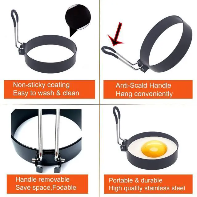 Alt view image 4 of 7 - Upgrade 4'' Large Egg Rings Set, 4 Packs Stainless Steel Round Egg Maker Mold, Anti-scalding Grill, 1X Oil Brush & 1X Egg Separator White