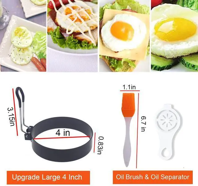 Alt view image 6 of 7 - Upgrade 4'' Large Egg Rings Set, 4 Packs Stainless Steel Round Egg Maker Mold, Anti-scalding Grill, 1X Oil Brush & 1X Egg Separator White