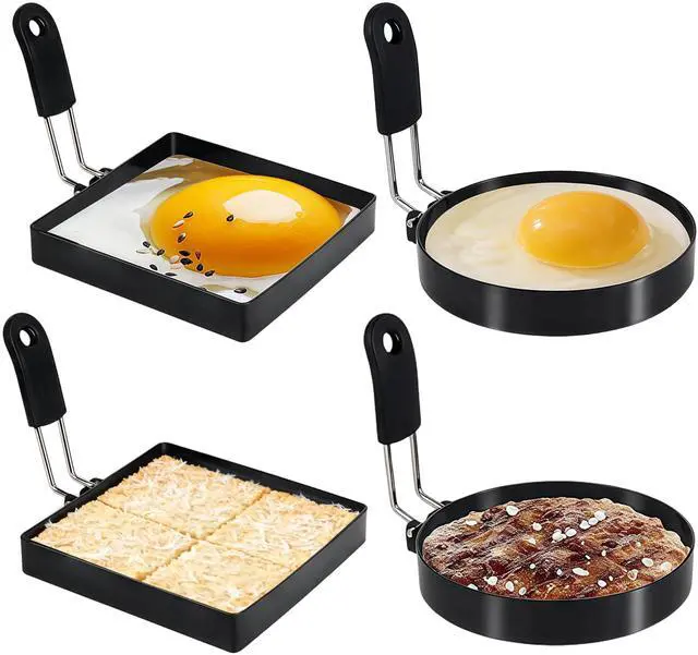 Main image of 4 Pack Egg Rings for Frying Eggs, Round & Square Egg Cooking Stainless Steel, for English Muffins Pancake, with Silicone Handle