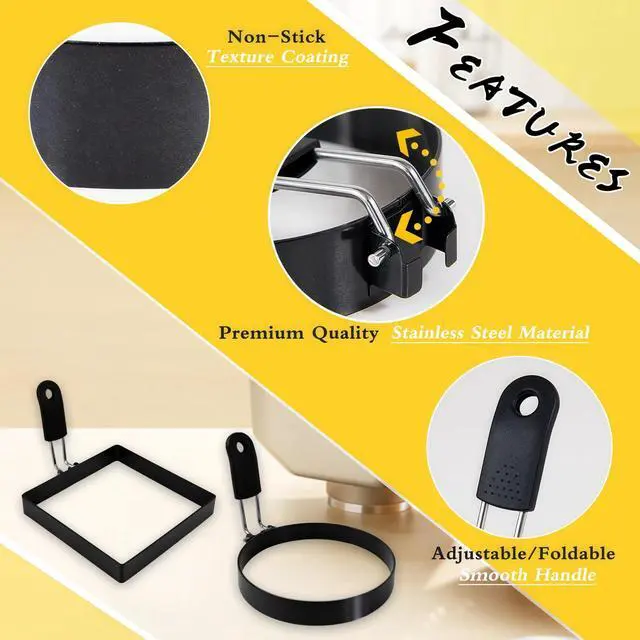 Alt view image 3 of 6 - 4 Pack Egg Rings for Frying Eggs, Round & Square Egg Cooking Stainless Steel, for English Muffins Pancake, with Silicone Handle