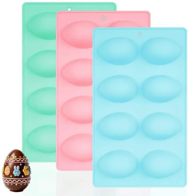 Main image of Egg Molds Set of 3 for Easter 8 Cavities Silicone Egg Pan Baking Supplies for Cake Decorating Chocolate Candy (3, Pink, Green and Blue)