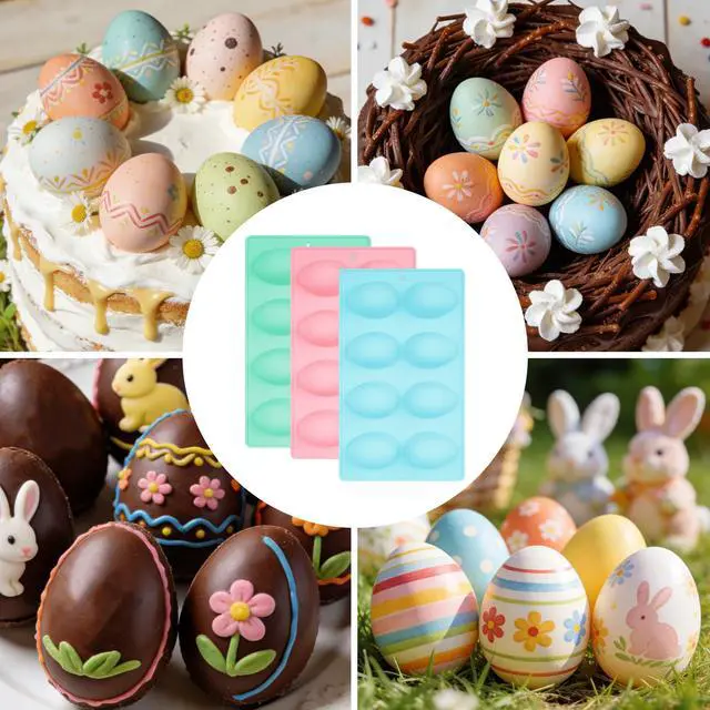 Alt view image 6 of 7 - Egg Molds Set of 3 for Easter 8 Cavities Silicone Egg Pan Baking Supplies for Cake Decorating Chocolate Candy (3, Pink, Green and Blue)
