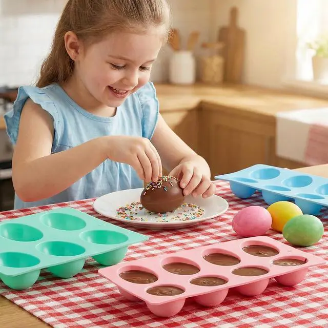 Alt view image 5 of 7 - Egg Molds Set of 3 for Easter 8 Cavities Silicone Egg Pan Baking Supplies for Cake Decorating Chocolate Candy (3, Pink, Green and Blue)