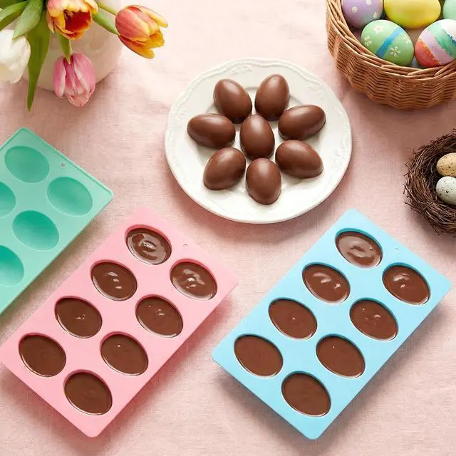 Alt view image 7 of 7 - Egg Molds Set of 3 for Easter 8 Cavities Silicone Egg Pan Baking Supplies for Cake Decorating Chocolate Candy (3, Pink, Green and Blue)