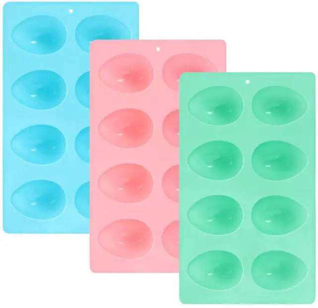 Main image of 3Pcs 8-Cavity Easter Silicone Egg Molds, Baking Supplies for DIY Cake Decoration, Chocolate, Candy, Jello, Pastry, Muffin, Bread, Ice Cube (Pink,Green,Blue)