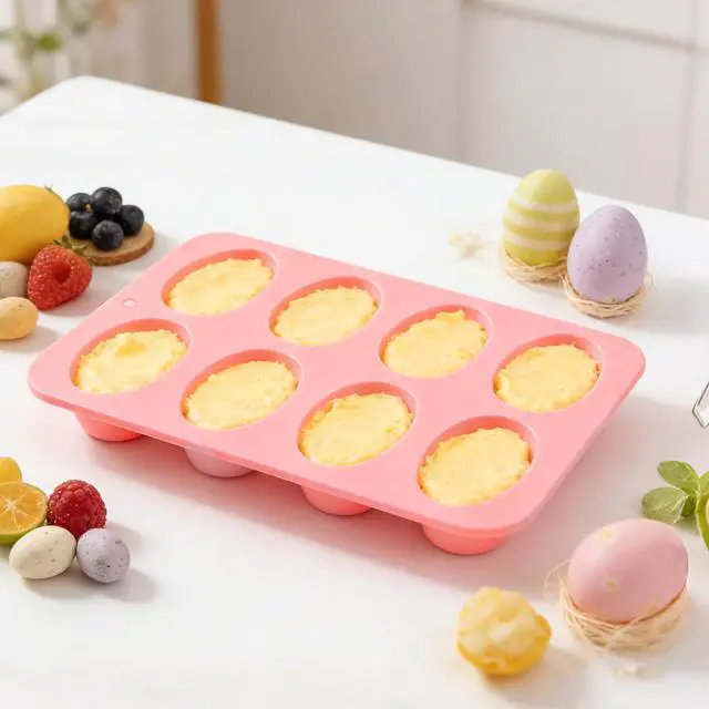 Alt view image 4 of 7 - 3Pcs 8-Cavity Easter Silicone Egg Molds, Baking Supplies for DIY Cake Decoration, Chocolate, Candy, Jello, Pastry, Muffin, Bread, Ice Cube (Pink,Green,Blue)