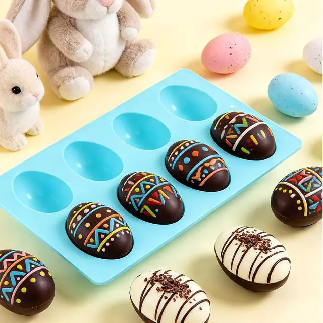 Alt view image 5 of 7 - 3Pcs 8-Cavity Easter Silicone Egg Molds, Baking Supplies for DIY Cake Decoration, Chocolate, Candy, Jello, Pastry, Muffin, Bread, Ice Cube (Pink,Green,Blue)