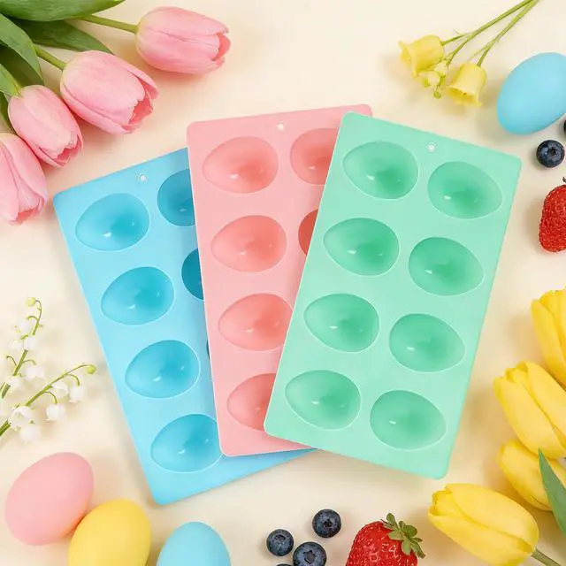 Alt view image 6 of 7 - 3Pcs 8-Cavity Easter Silicone Egg Molds, Baking Supplies for DIY Cake Decoration, Chocolate, Candy, Jello, Pastry, Muffin, Bread, Ice Cube (Pink,Green,Blue)