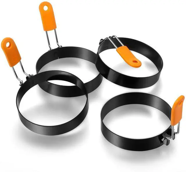 Main image of 4 Pcs Professional Egg Ring Pancake Ring Set Stainless Steel Fried Egg Griddle Pancake Shapers with Orange Silicone Handle for Breakfast Omelette Sandwich (4 Inch)