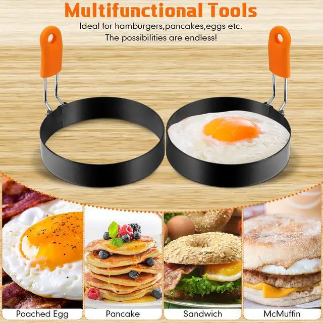 Alt view image 2 of 6 - 4 Pcs Professional Egg Ring Pancake Ring Set Stainless Steel Fried Egg Griddle Pancake Shapers with Orange Silicone Handle for Breakfast Omelette Sandwich (4 Inch)