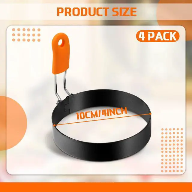 Alt view image 3 of 6 - 4 Pcs Professional Egg Ring Pancake Ring Set Stainless Steel Fried Egg Griddle Pancake Shapers with Orange Silicone Handle for Breakfast Omelette Sandwich (4 Inch)