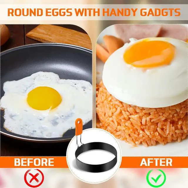 Alt view image 4 of 6 - 4 Pcs Professional Egg Ring Pancake Ring Set Stainless Steel Fried Egg Griddle Pancake Shapers with Orange Silicone Handle for Breakfast Omelette Sandwich (4 Inch)