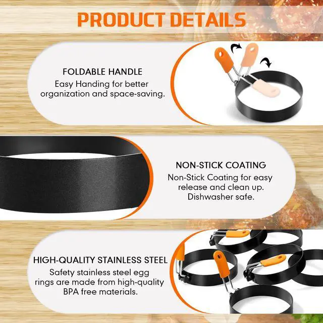 Alt view image 5 of 6 - 4 Pcs Professional Egg Ring Pancake Ring Set Stainless Steel Fried Egg Griddle Pancake Shapers with Orange Silicone Handle for Breakfast Omelette Sandwich (4 Inch)