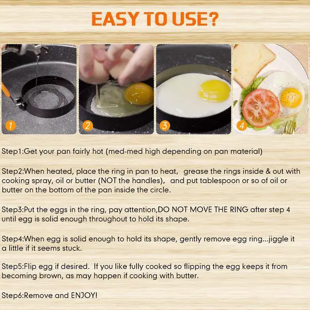 Alt view image 6 of 6 - 4 Pcs Professional Egg Ring Pancake Ring Set Stainless Steel Fried Egg Griddle Pancake Shapers with Orange Silicone Handle for Breakfast Omelette Sandwich (4 Inch)
