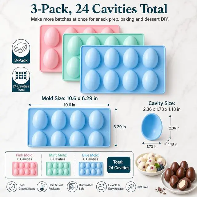 Alt view image 5 of 7 - Egg Molds Silicone 3-Pack, Candy Egg Mold for Chocolate, Yogurt Bites, Smoothie Cubes & Mini Desserts, Silicone Baking Molds Shapes for Healthy Snack Prep, Dessert DIYFreezer Oven Dishwasher Safe