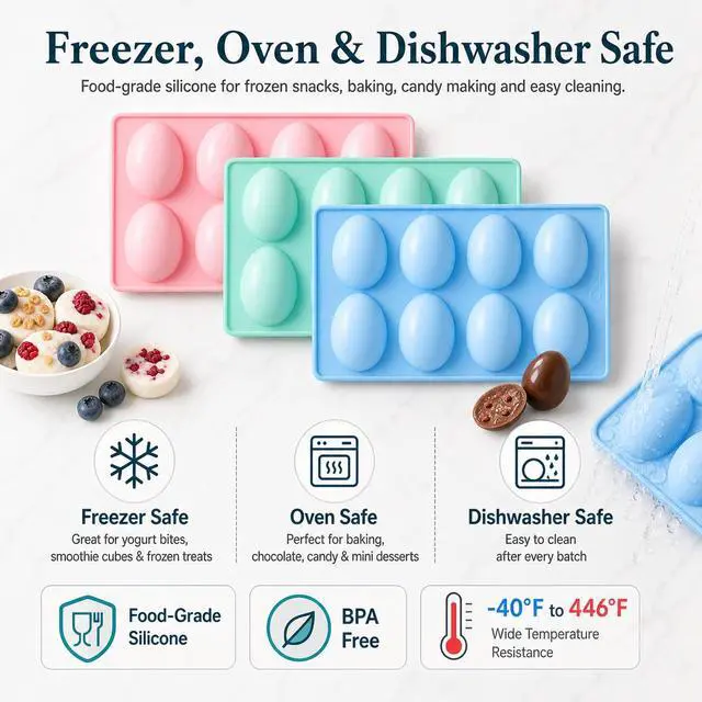 Alt view image 6 of 7 - Egg Molds Silicone 3-Pack, Candy Egg Mold for Chocolate, Yogurt Bites, Smoothie Cubes & Mini Desserts, Silicone Baking Molds Shapes for Healthy Snack Prep, Dessert DIYFreezer Oven Dishwasher Safe