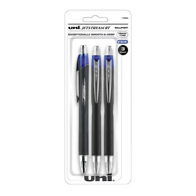 Main image of JetStream RT Retractable Ballpoint Pens, Bold Point, 1.0 mm, Black Barrel, Blue Ink, Pack Of 3