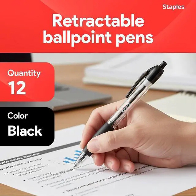 Alt view image 2 of 7 - Retractable Ballpoint Pens, Fine Point, Black Ink, 12 Pack Smooth, Reliable Writing Pens for Office & School Use