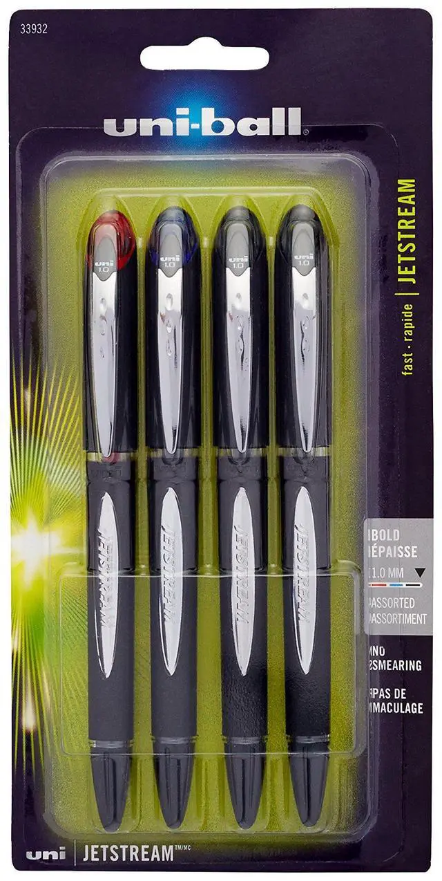 Main image of 33932PP Jetstream Roller Ball Pen, Quick Drying to Prevent Smears, Intense Coloration, Bold Point (1.0mm), Assorted Colors, Pack of 4