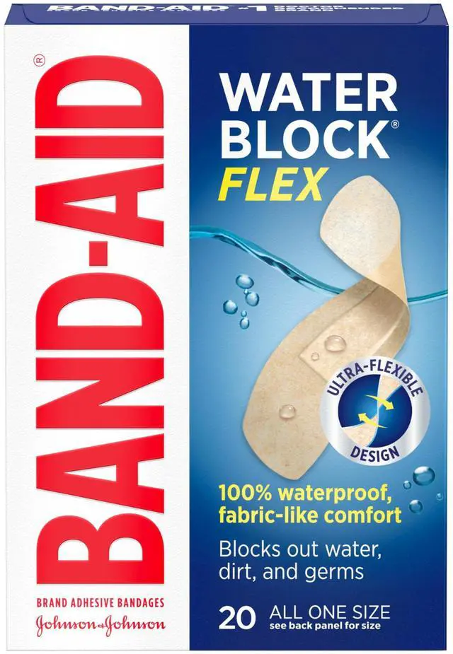 Main image of Brand Water Block Flex Adhesive Bandages, All One Size, 20 Count | 100% Waterproof Protection, Sterile Wound Care for Minor Cuts, Scrapes & Burns, For First Aid Kits, Ultra-Flexible Design