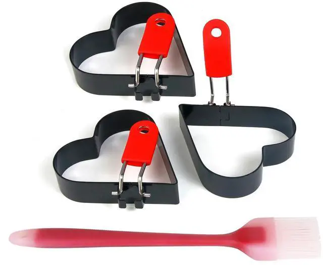 Main image of Heart-Shaped Egg Ring Mold with Red Handle, Non-Stick Pancake Maker black (3, love)