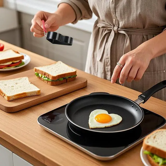 Alt view image 3 of 5 - Heart-Shaped Egg Ring Mold with Red Handle, Non-Stick Pancake Maker black (3, love)