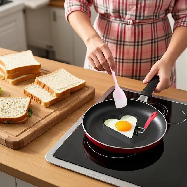 Alt view image 4 of 5 - Heart-Shaped Egg Ring Mold with Red Handle, Non-Stick Pancake Maker black (3, love)